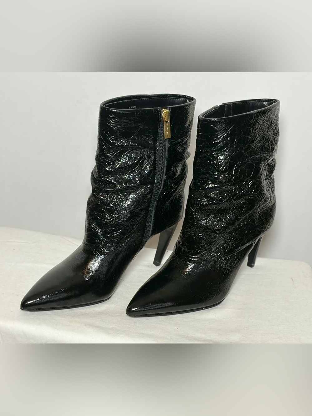Vince Camuto Blaira Black Crinkle Patent
Leather Pointed Toe Ankle Booties, 6M - Picture 3 of 16
